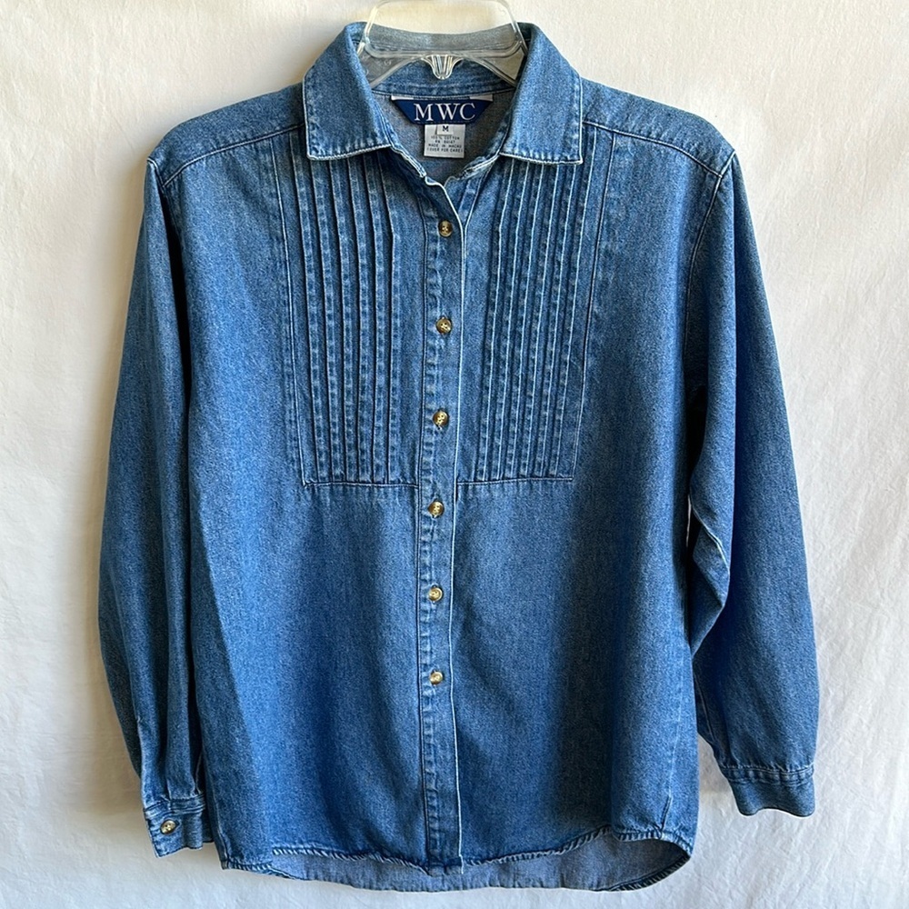 MWC pleated button-down blue denim shirt, size M
